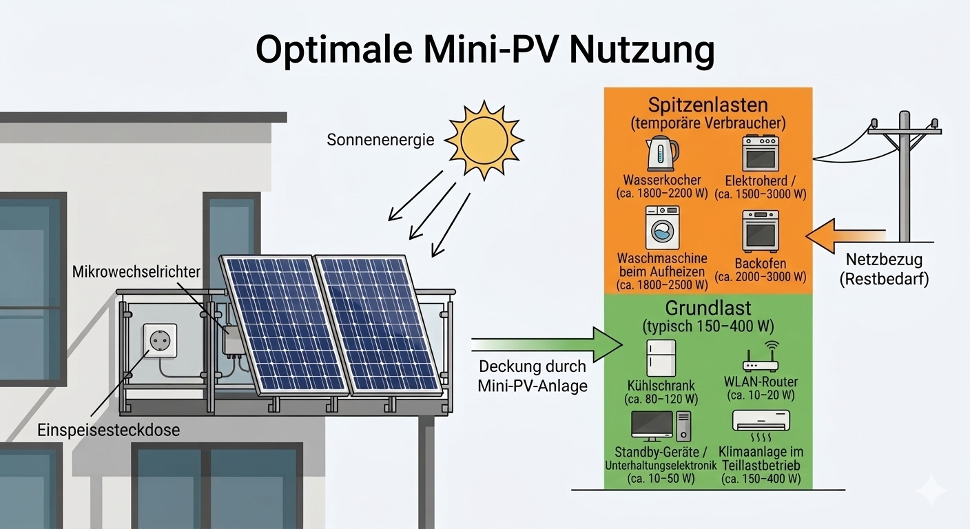 Mini-PV-Anlage deckt Grundlast im Haushalt – typische Stromverbraucher und Spitzenlasten